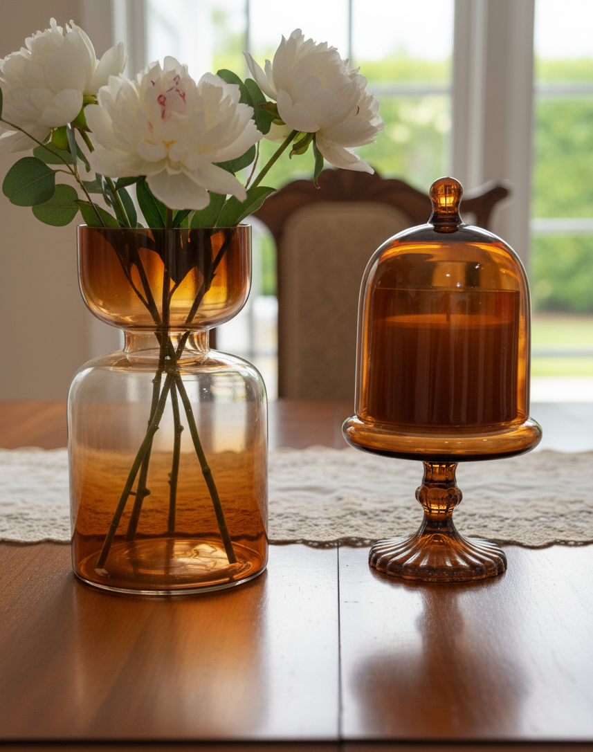 Two amber glass items on a table with flowers in one of them, in a home setting.