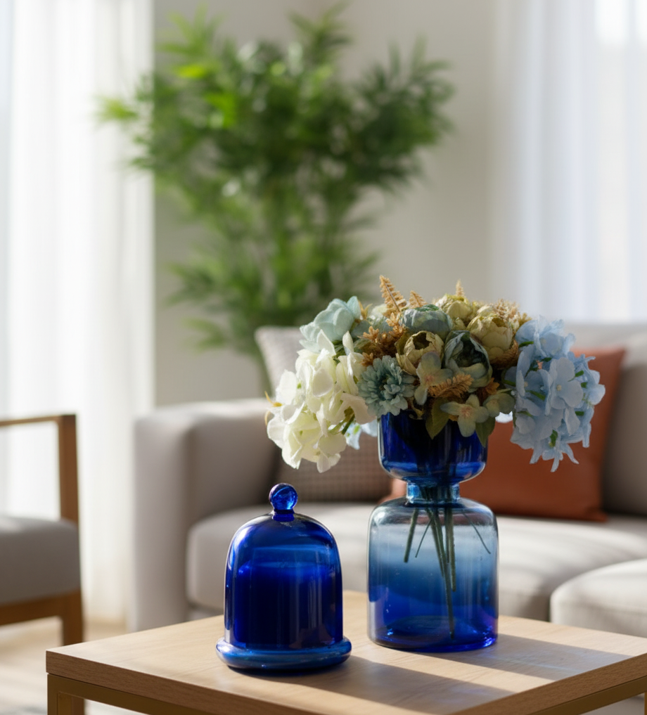 Gifting - Blue dome candle, vase and flowers